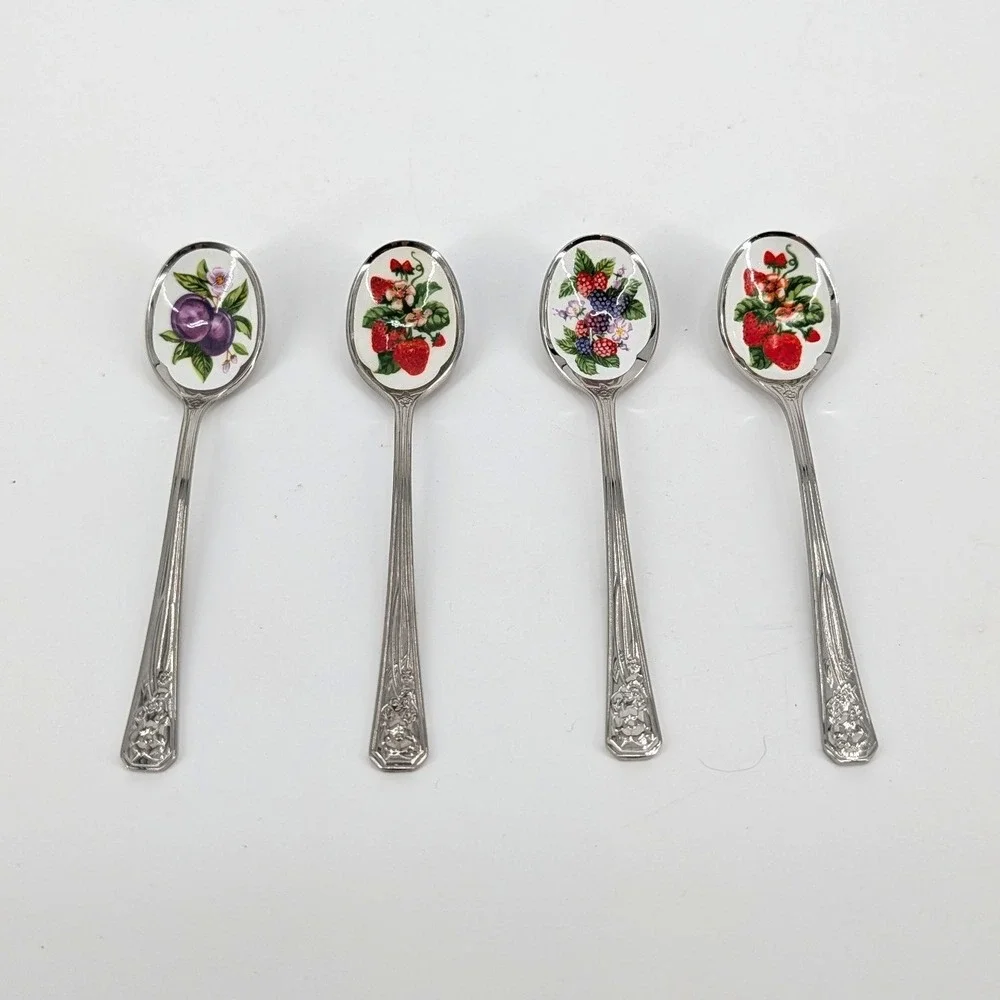 Avon Vintage Demitasse Jam Spoons Set of 4 Fruit Porcelain Inlay Stainless Japan